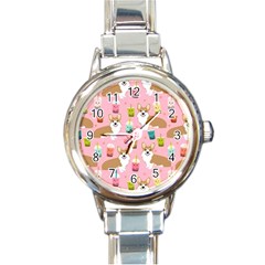 Corgi Bubble Boba Tea Pink Pattern Round Italian Charm Watch by Salmanaz77