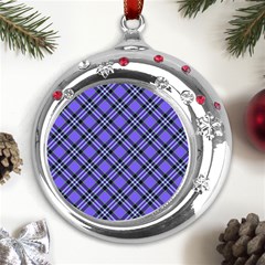 Blue Tartan Plaid 1 Diagonal Metal Snowflake Red Crystal Round Ornament by dressshop