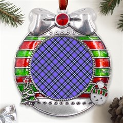 Blue Tartan Plaid 1 Diagonal Metal X mas Ribbon With Red Crystal Round Ornament by dressshop