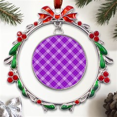 Purple Plaid Tartan 3 Diagonal (2) Metal X mas Wreath Ribbon Ornament by dressshop