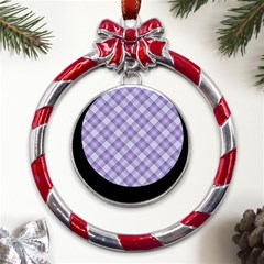 Purple Plaid Tartan 2 Diagonal Metal Red Ribbon Round Ornament by dressshop