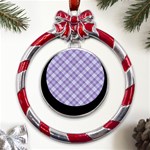 Purple Plaid Tartan 2 Diagonal Metal Red Ribbon Round Ornament Front