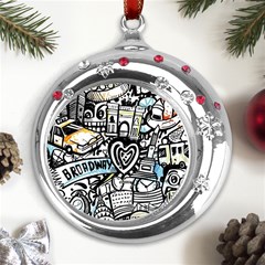 Doodle New York City Nyc Metal Snowflake Red Crystal Round Ornament by Salmanaz77