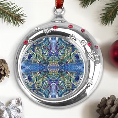 Blue Arabesque Metal Snowflake Red Crystal Round Ornament by kaleidomarblingart