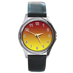 Burgundy Red To Electric Yellow Linear Gradient Round Metal Watch by GradientsOmbre