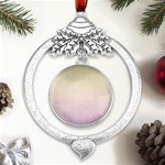 Cream Yellow To Pink Lace Linear Gradient Metal Silver X mas Leaves Round Ornament Front