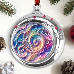 Abstract Fractal Art Swirl Pattern Metal Snowflake Red Crystal Round Ornament by Salmanaz77