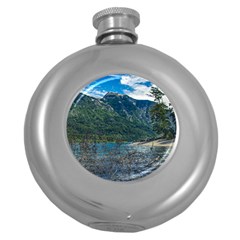 Beach At Los Alerces National Park, Chubut Province, Argentina Round Hip Flask (5 Oz) by dflcprintsclothing