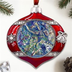 Blue Blend Metal Snowflake And Bell Red Ornament by kaleidomarblingart