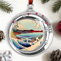 Wave Japanese Mount Fuji Ocean Metal Snowflake Red Crystal Round Ornament by Bedest