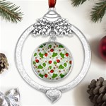 Strawberry Fruit Pattern Leaves Metal Silver X mas Leaves Round Ornament Front