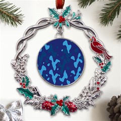 Blue Camouflage Pattern Metal X mas Wreath Holly Leaf Ornament by kyorashop23