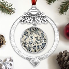 Blue Vintage Background Metal Silver X mas Leaves Round Ornament by kyorashop23