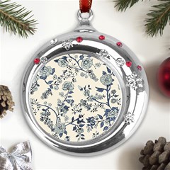 Blue Vintage Background Metal Snowflake Red Crystal Round Ornament by kyorashop23