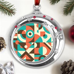 Retro Colorful Background, Retro Abstraction Metal Snowflake Red Crystal Round Ornament by kyorashop23