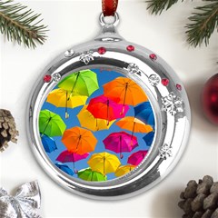 Umbrella, Colorful, Positive, Sky, Rainbow Metal Snowflake Red Crystal Round Ornament by kyorashop23