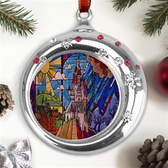 Castle Building Stained Glass Metal Snowflake Red Crystal Round Ornament by Cemarart