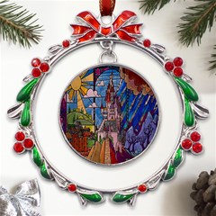 Castle Building Stained Glass Metal X mas Wreath Ribbon Ornament by Cemarart