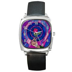 Enchanted Rose Stained Glass Square Metal Watch by Cemarart