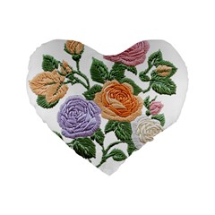 Embroidery Roses Floral Design Standard 16  Premium Flano Heart Shape Cushions by Sabxi