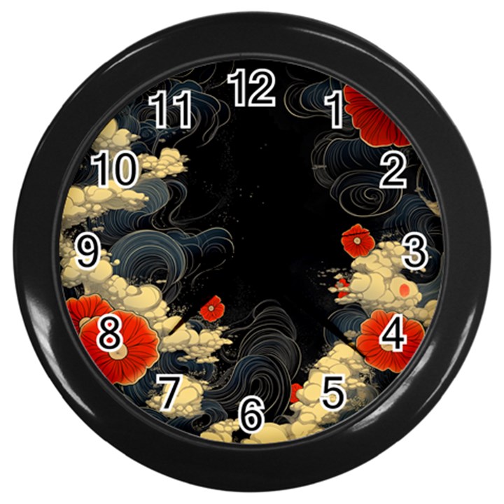 Korean Art Flowers Asian Pattern Wall Clock (Black)