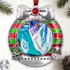 Sailing Boat Metal X mas Ribbon With Red Crystal Round Ornament by bestdesignintheworld