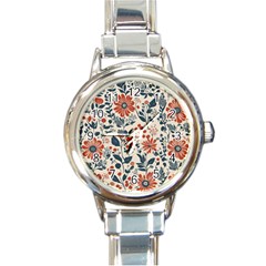 Retro Scandinavian Nordic Flowers Pattern Round Italian Charm Watch by violetheavensky