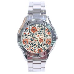 Retro Scandinavian Nordic Flowers Pattern Stainless Steel Analogue Watch by violetheavensky