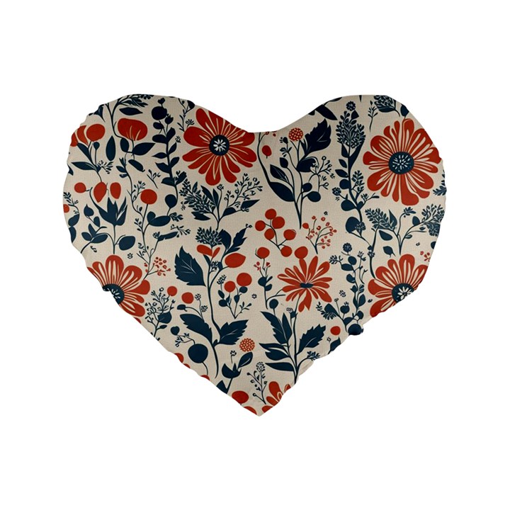 Retro Scandinavian Nordic Flowers Pattern Standard 16  Premium Flano Heart Shape Cushions