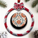 Retro Scandinavian Nordic Flowers Pattern 3 Metal Red Ribbon Round Ornament Front