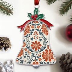 Retro Scandinavian Nordic Flowers Pattern 3 Metal Holly Leaf Bell Ornament by violetheavensky