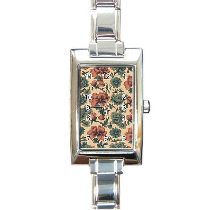 Victorian Beige And Teal Flower Pattern Rectangle Italian Charm Watch