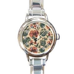 Victorian Beige And Teal Flower Pattern Round Italian Charm Watch by violetheavensky