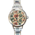 Victorian Beige And Teal Flower Pattern Round Italian Charm Watch Front