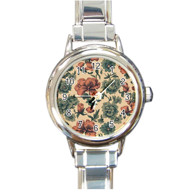 Victorian Beige And Teal Flower Pattern Round Italian Charm Watch