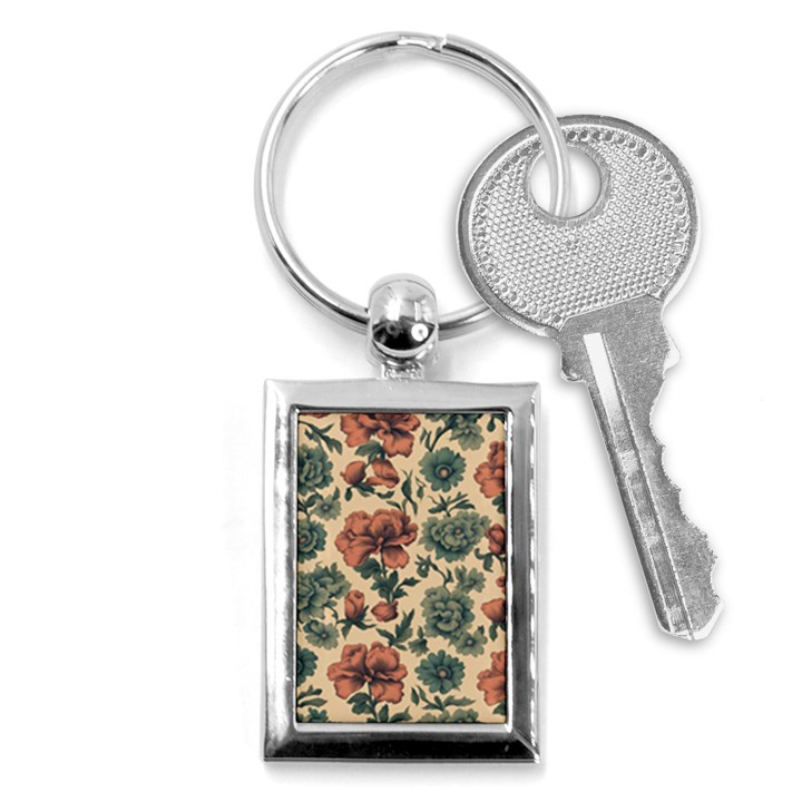 Victorian Beige And Teal Flower Pattern Key Chain (Rectangle)