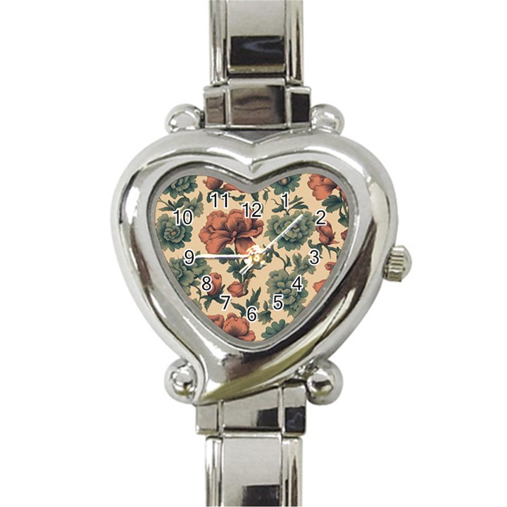 Victorian Beige And Teal Flower Pattern Heart Italian Charm Watch