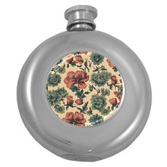 Victorian Beige And Teal Flower Pattern Round Hip Flask (5 Oz) by violetheavensky