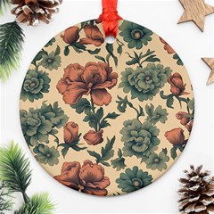 Victorian Beige And Teal Flower Pattern Round Ornament (two Sides) by violetheavensky