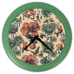 Victorian Beige And Teal Flower Pattern Color Wall Clock by violetheavensky