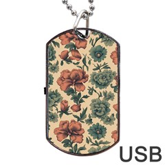 Victorian Beige And Teal Flower Pattern Dog Tag Usb Flash (one Side) by violetheavensky