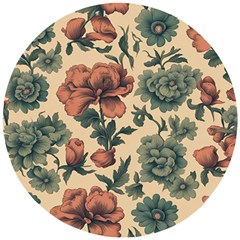 Victorian Beige And Teal Flower Pattern Wooden Puzzle Round by violetheavensky