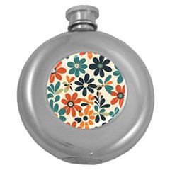 Retro Scandinavian Nordic Flowers Pattern 2 Round Hip Flask (5 Oz) by violetheavensky