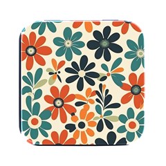 Retro Scandinavian Nordic Flowers Pattern 2 Square Metal Box (black) by violetheavensky