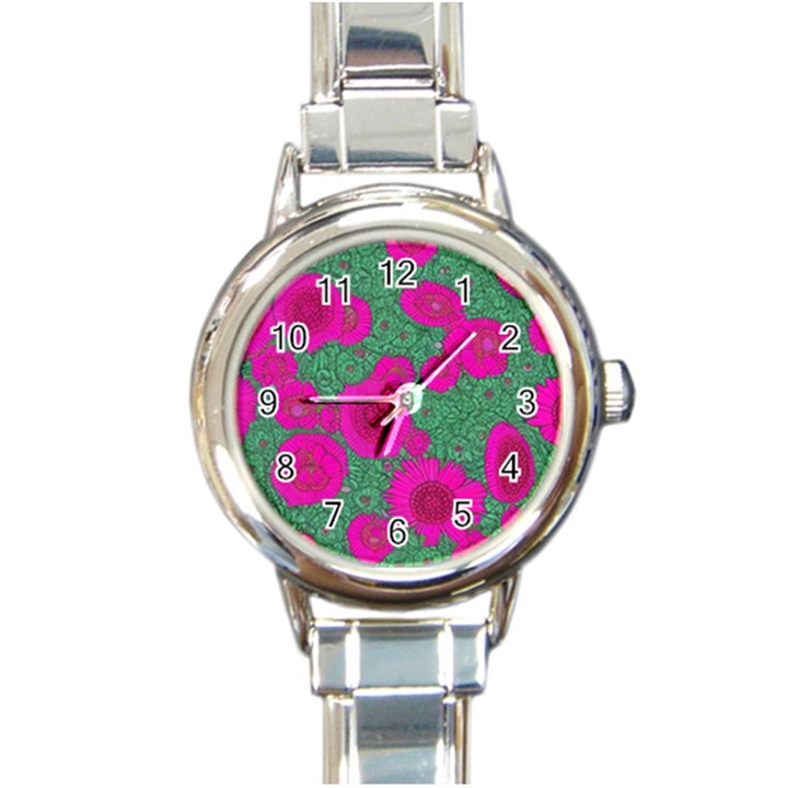 Mid Century Retro Floral 1970s 1960s Pattern 97 Round Italian Charm Watch