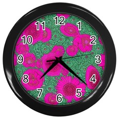 Mid Century Retro Floral 1970s 1960s Pattern 97 Wall Clock (black) by violetheavensky