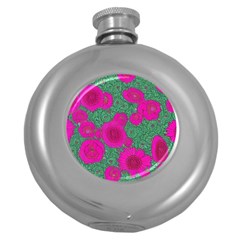 Mid Century Retro Floral 1970s 1960s Pattern 97 Round Hip Flask (5 Oz) by violetheavensky