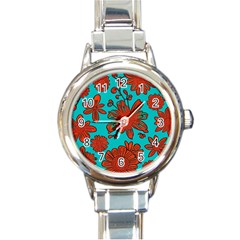 Mid Century Retro Floral 1970s 1960s Pattern 103 Round Italian Charm Watch by violetheavensky