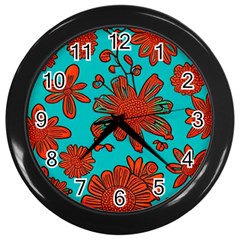 Mid Century Retro Floral 1970s 1960s Pattern 103 Wall Clock (black) by violetheavensky