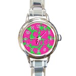 Mid Century Retro Floral 1970s 1960s Pattern 98 Round Italian Charm Watch Front